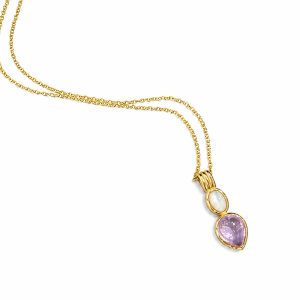 Gold-Plated Sterling Silver 925 Necklace with Cat’s Eye & Lavender Crystal Pendant