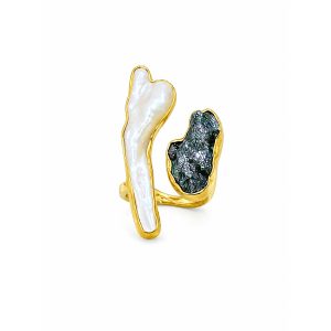 925 Gold-Plated Sterling Silver Adjustable Ring with Freshwater Pearls & Pyrite Carborundum Stone